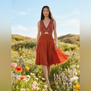 Tadashi Shoji Red and Orange Beaded V-Neck Cocktail Dress